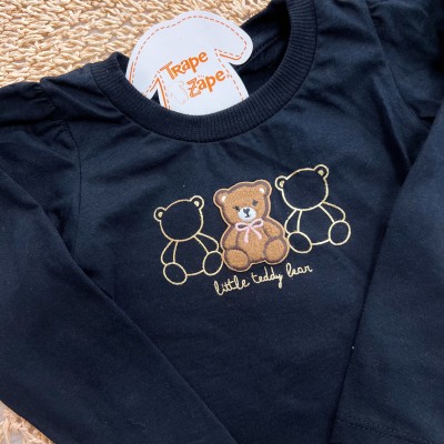 Conj. Blusa Little Teddy Bear e Short Saia Quadriculado em Plush - Preto e Areia